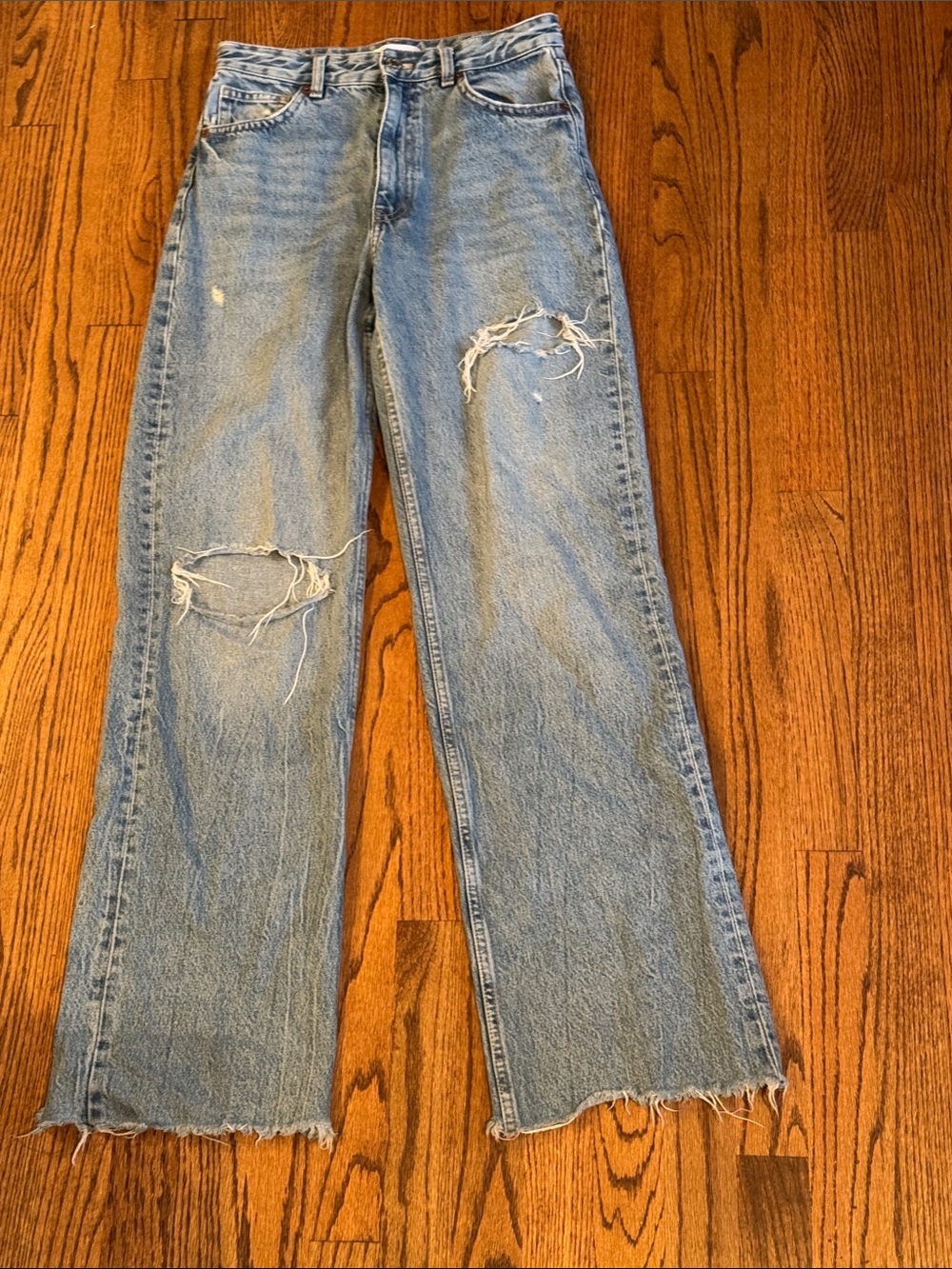 Zara Light Blue Distressed Flare Jeans